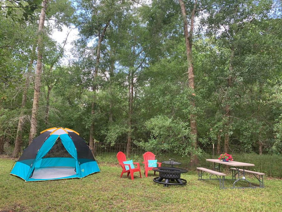 Tent, chairs and picnic table on a grassy primitive site
