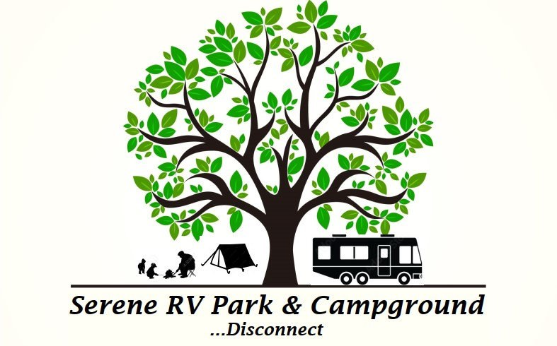 Serene RV Park & Campground logo, a tree above a tent and an RV